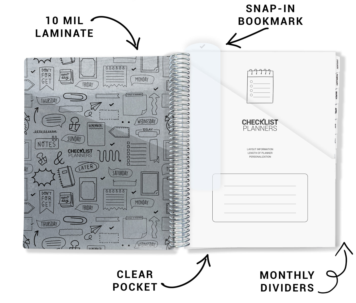 features of inside cover of planner with 10 mil laminate, snap in bookmark, clear pocket, monthly dividers, gray inner cover