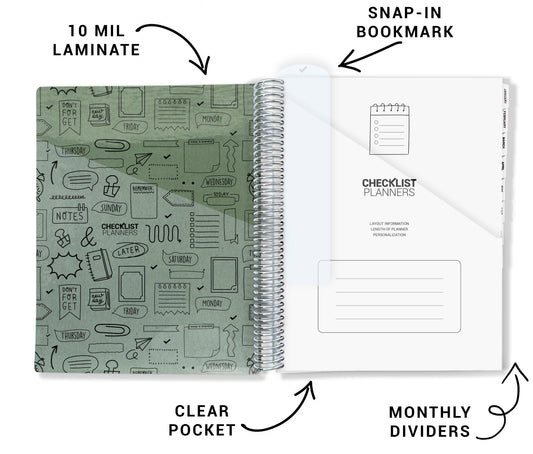 features of inside cover of planner with 10 mil laminate, snap in bookmark, clear pocket, monthly dividers, green inner cover