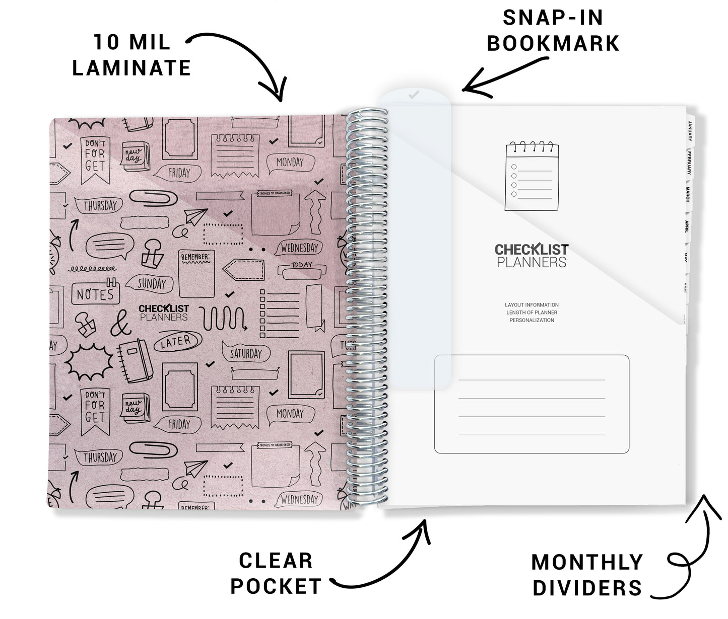 features of inside cover of planner with 10 mil laminate, snap in bookmark, clear pocket, monthly dividers, pink inner cover
