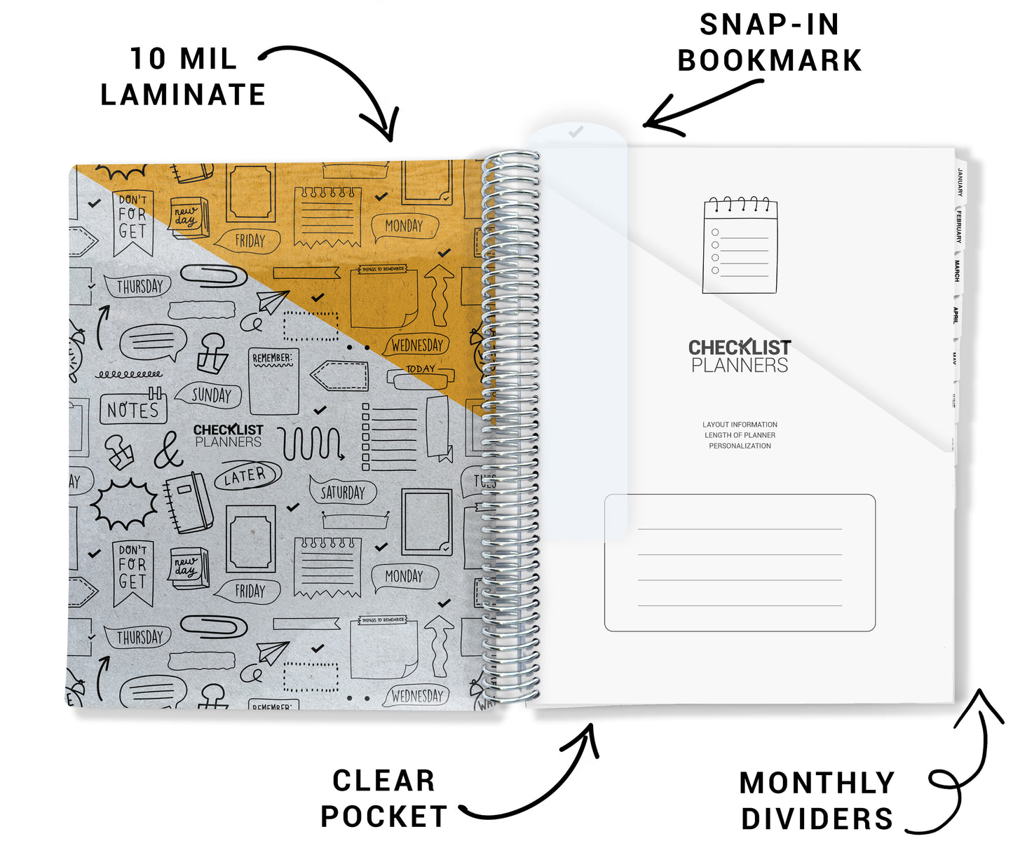 features of inside cover of planner with 10 mil laminate, snap in bookmark, clear pocket, monthly dividers, yellow inner cover