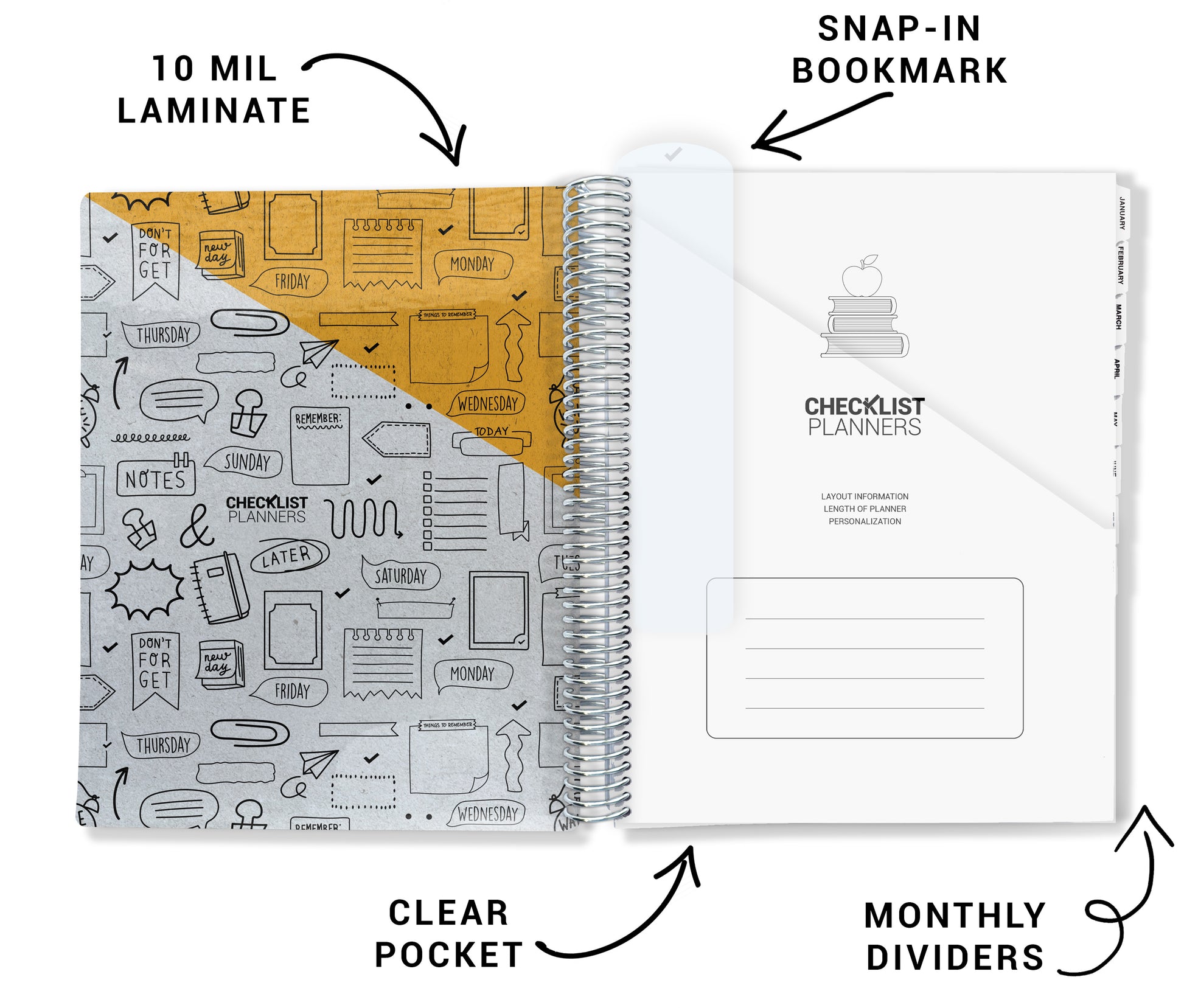 features of inside cover of planner with 10 mil laminate, snap in bookmark, clear pocket, monthly dividers, yellow inner cover