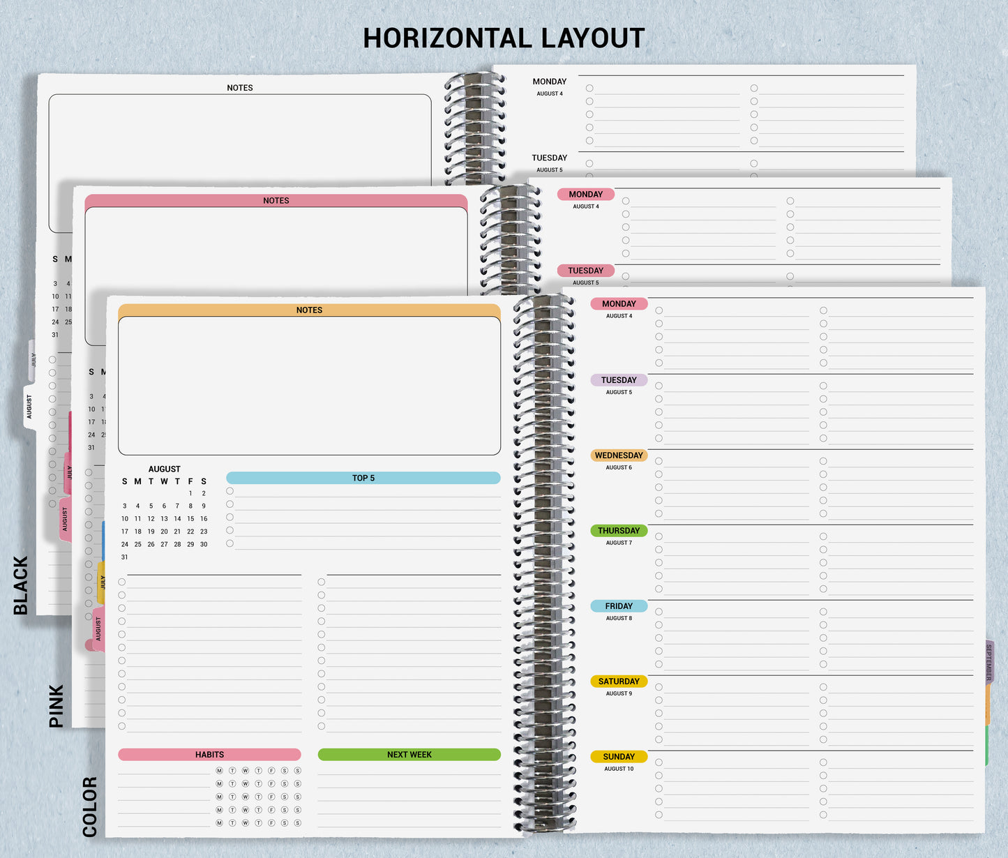 picture shows how the horizontal layout is sectioned with dates and lists, and shows color options