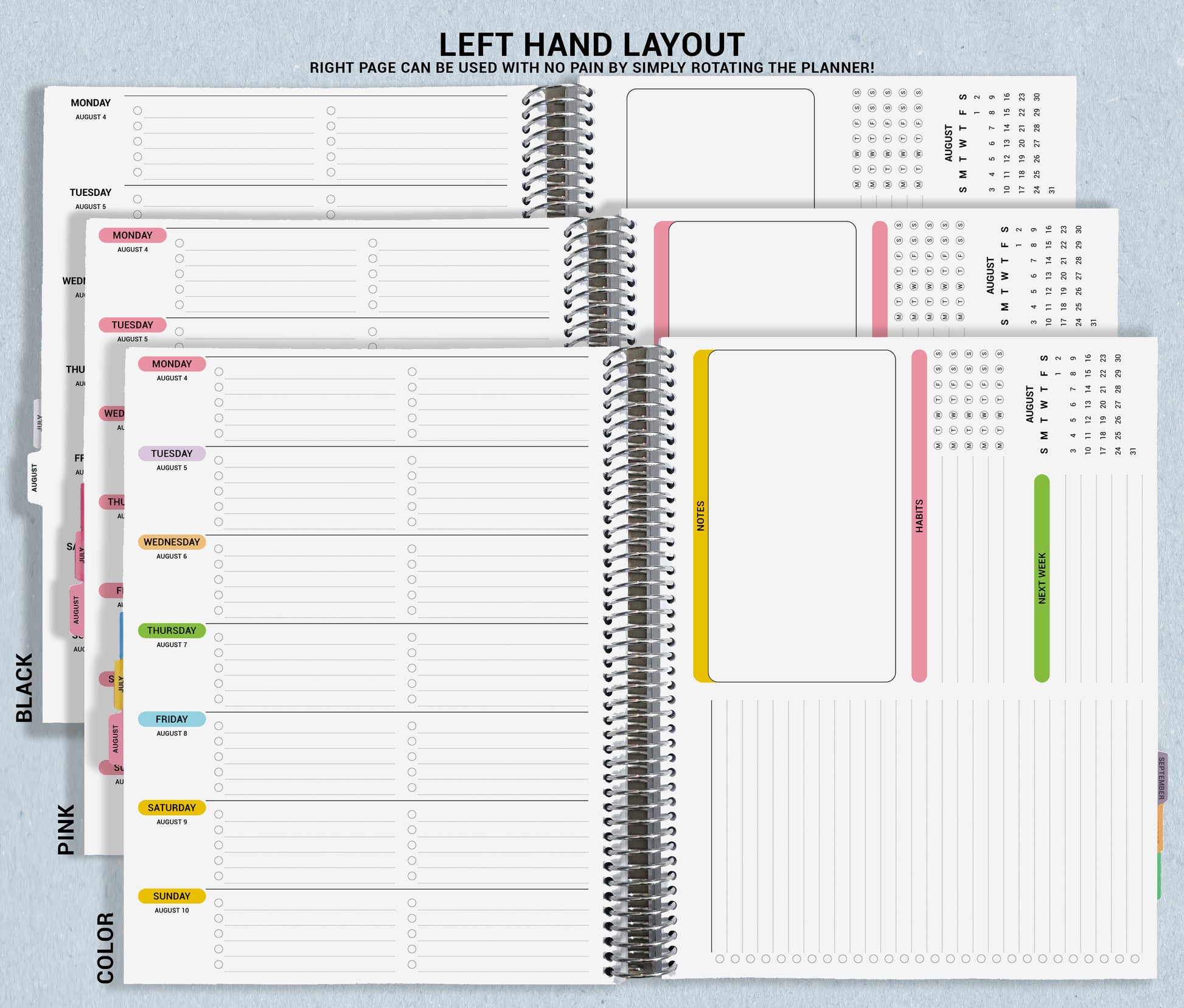 picture shows how the left hand layout is sectioned with dates and lists, and shows color options