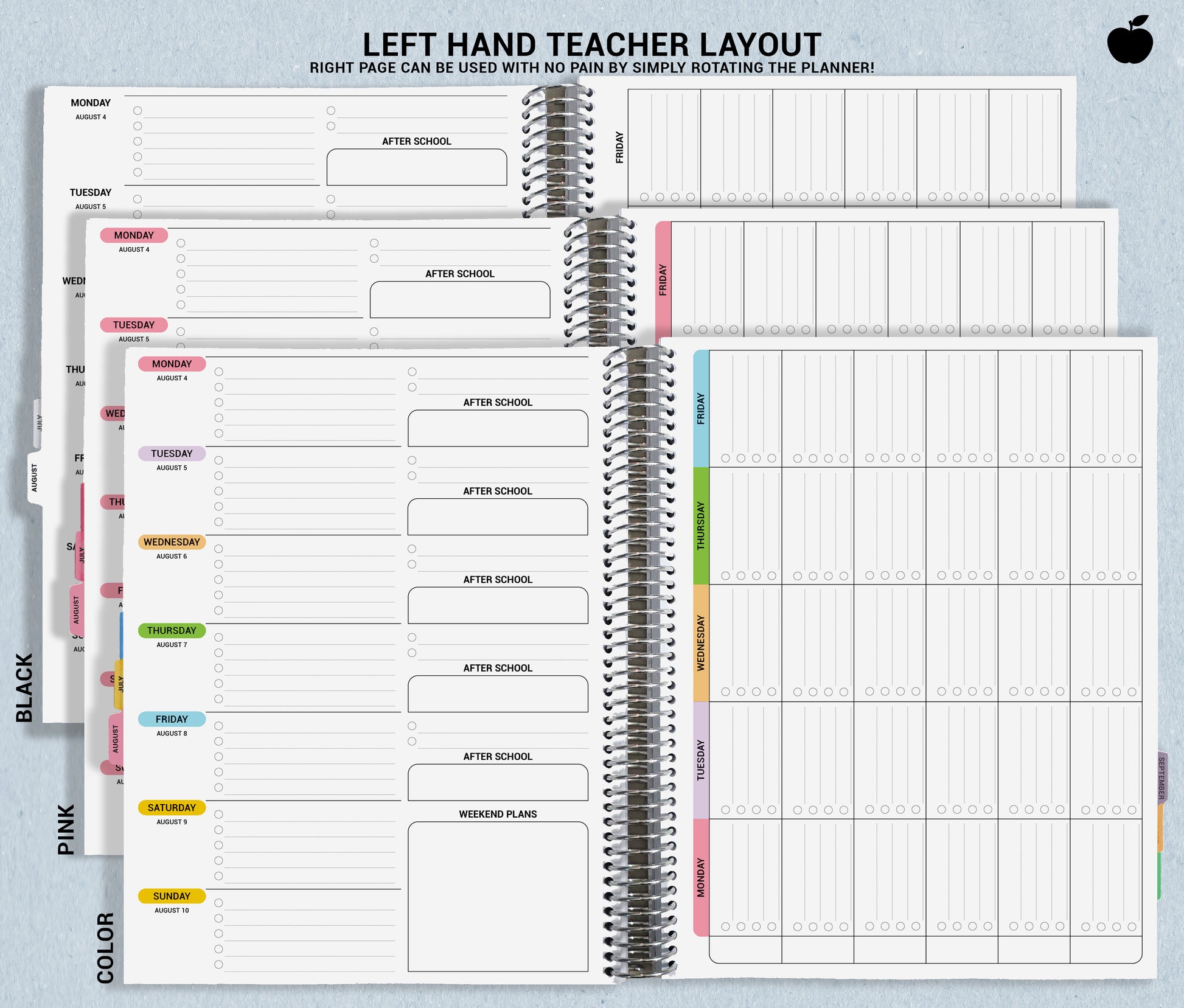picture shows how the left hand teacher layout is sectioned with dates and lists, and shows color options