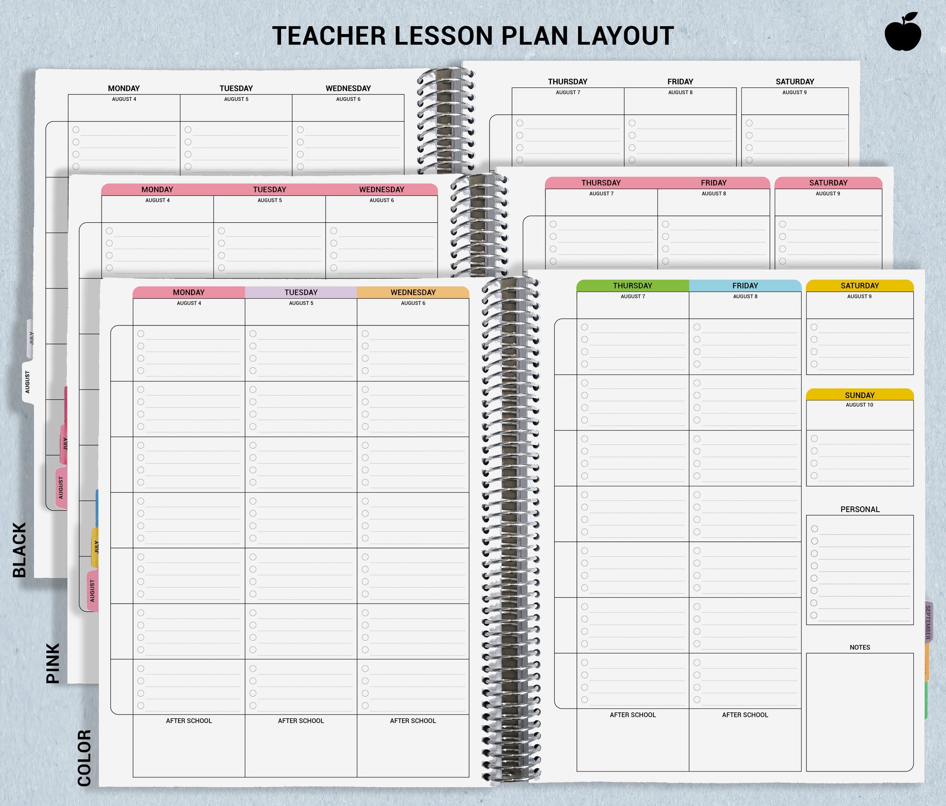 picture shows how the lesson plan layout is sectioned with dates and lists, and shows color options
