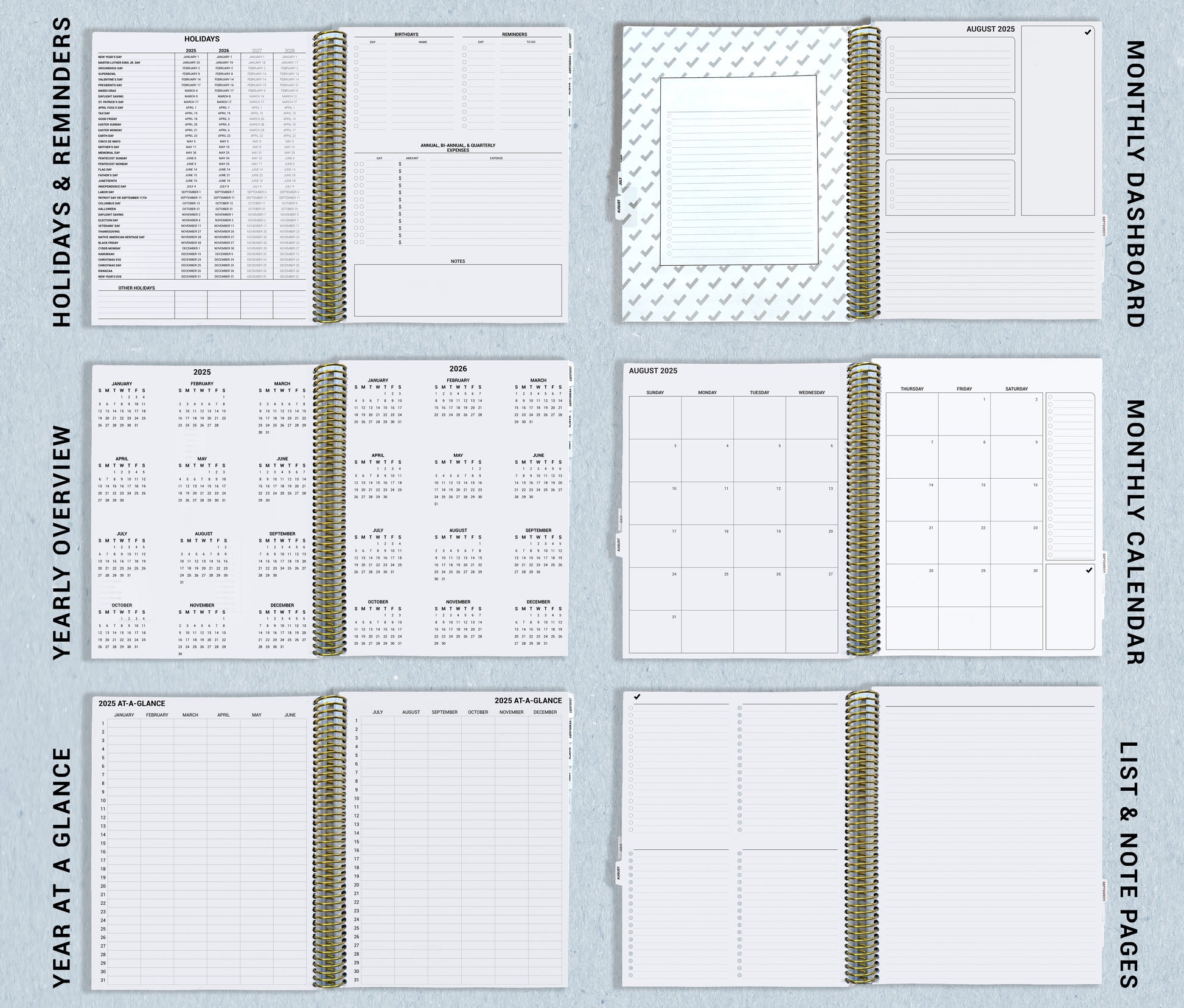 picture shows the pages that include holidays, reminders, yearly overview, year at a glance, monthly dashboard, monthly calendar, lists, and notes