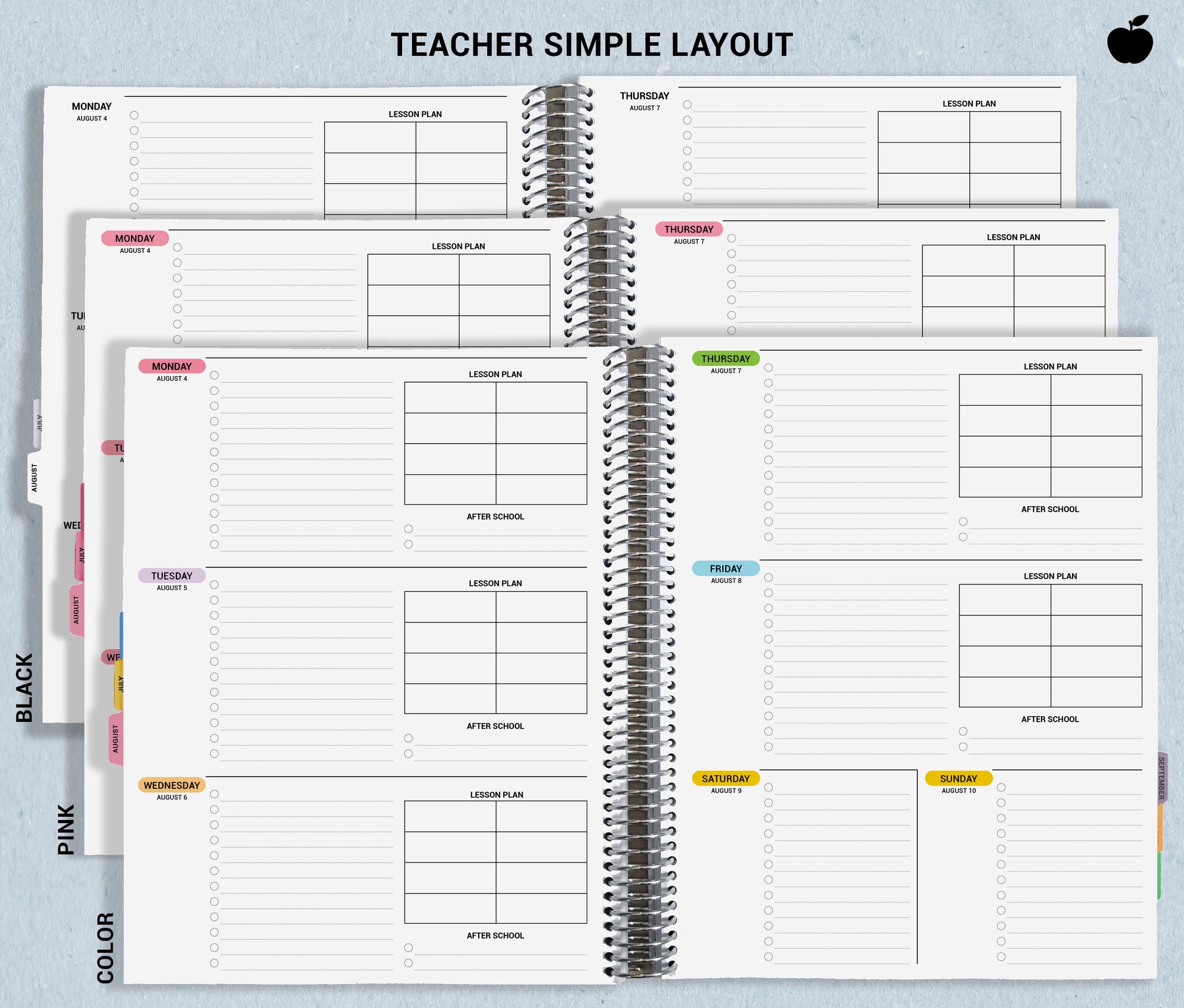 picture shows how the simple layout is sectioned with dates and lists, and shows color options