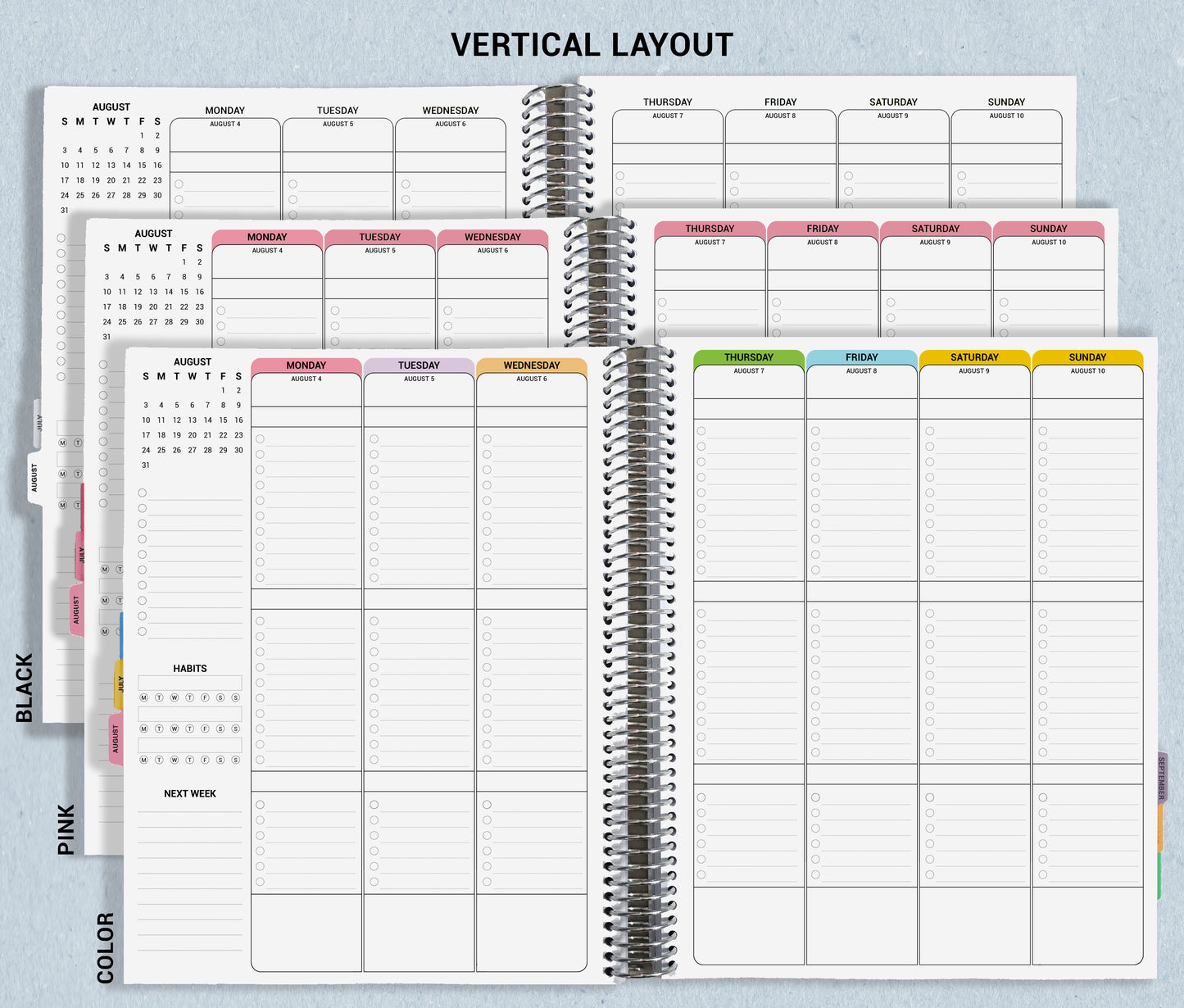picture shows how the vertical layout is sectioned with dates and lists, and shows color options