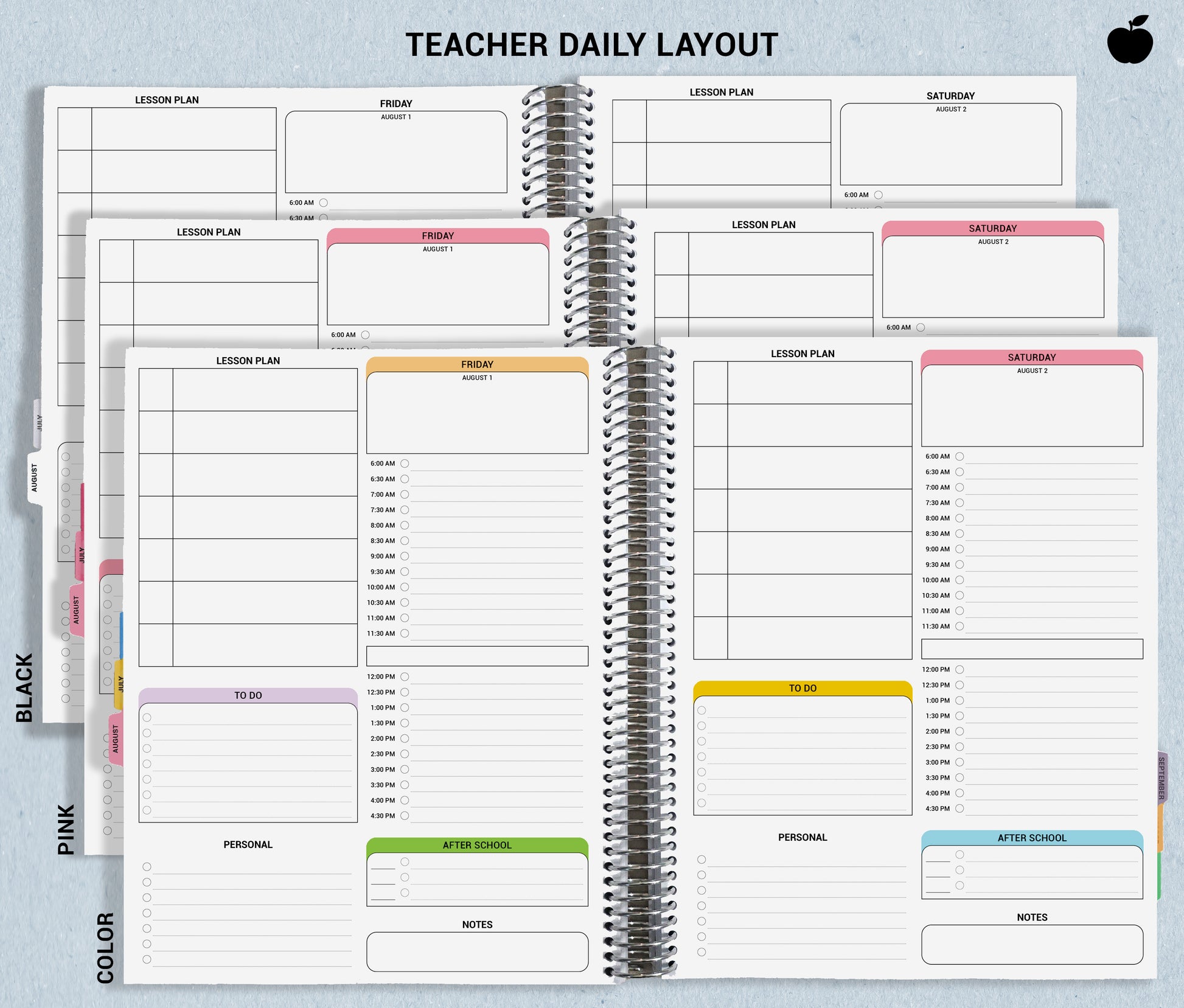 picture shows how the daily layout is sectioned with dates and lists, and shows color options