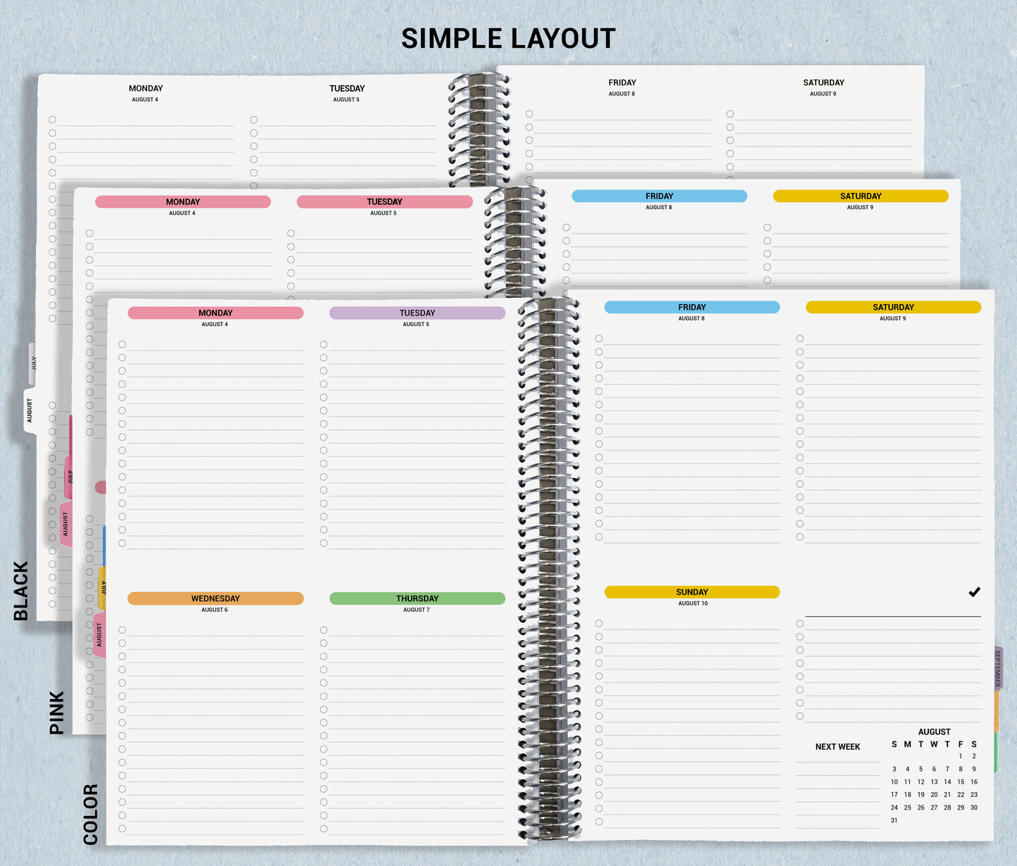 picture shows how the simple layout is sectioned with dates and lists, and shows color options
