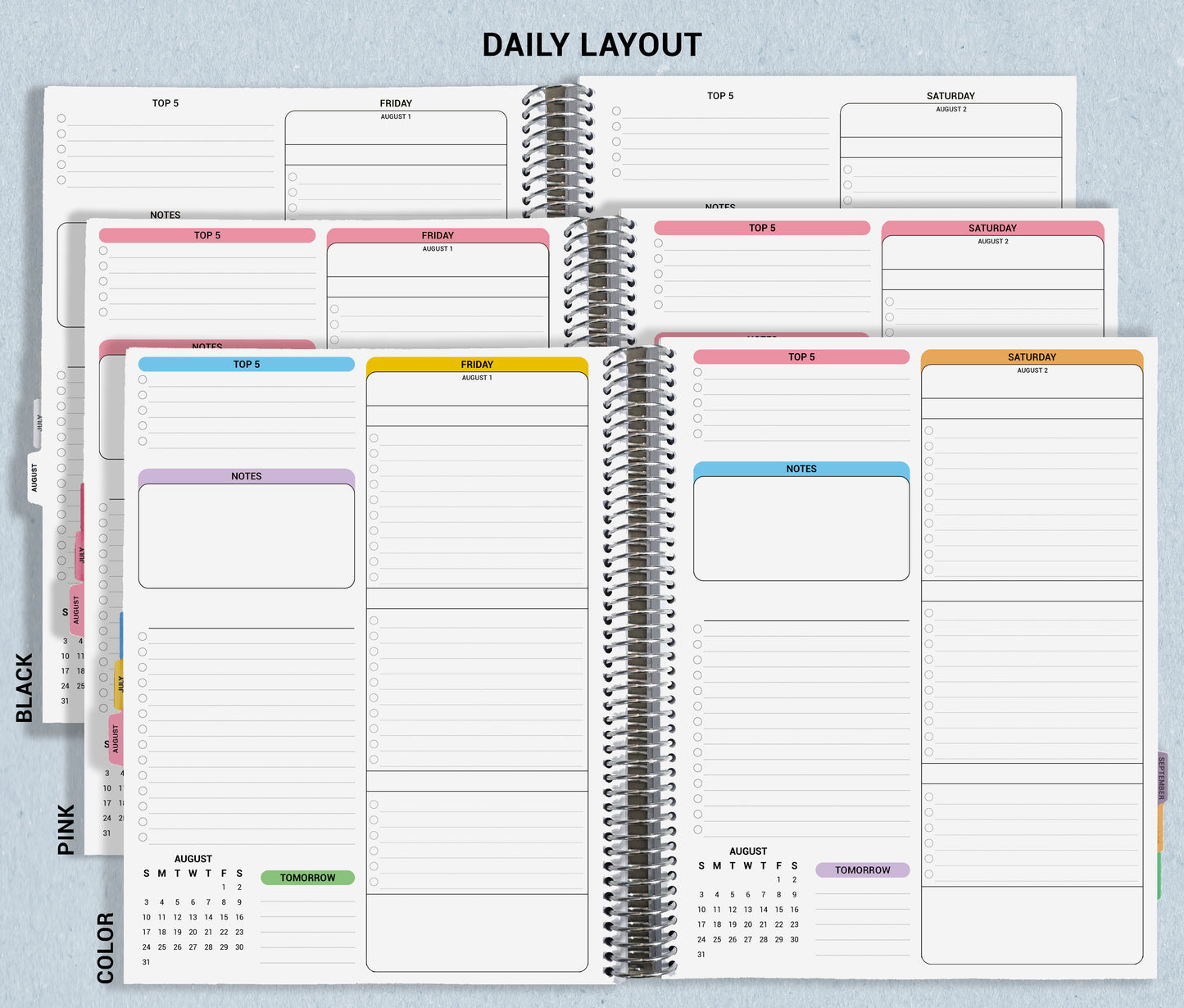 picture shows how the daily layout is sectioned with dates and lists, and shows color options
