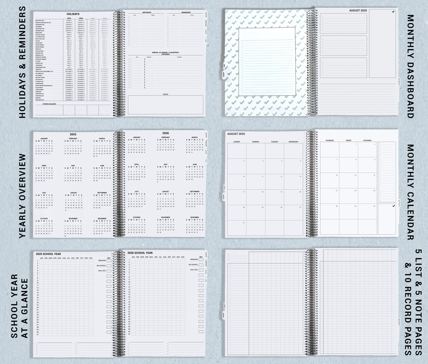picture shows the pages that include holidays, reminders, yearly overview, year at a glance, monthly dashboard, monthly calendar, lists, record pages and notes