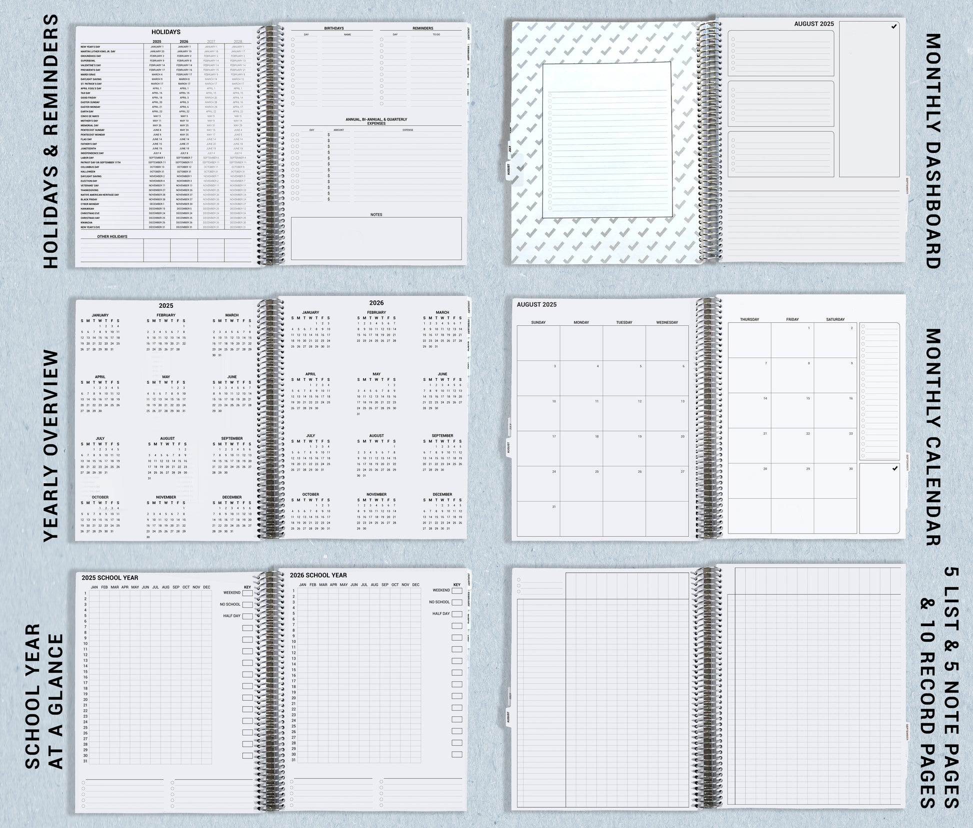 picture shows the pages that include holidays, reminders, yearly overview, year at a glance, monthly dashboard, monthly calendar, lists, record pages and notes