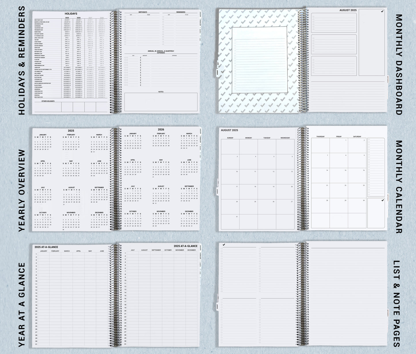 picture shows the pages that include holidays, reminders, yearly overview, year at a glance, monthly dashboard, monthly calendar, lists, and notes