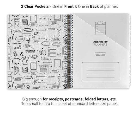 a spiral-bound notebook with two clear pockets, one in front and one in back of a planner. The notebook has a black and white design with various icons and text, and it appears to be too small to fit a full sheet of standard letter-size paper.