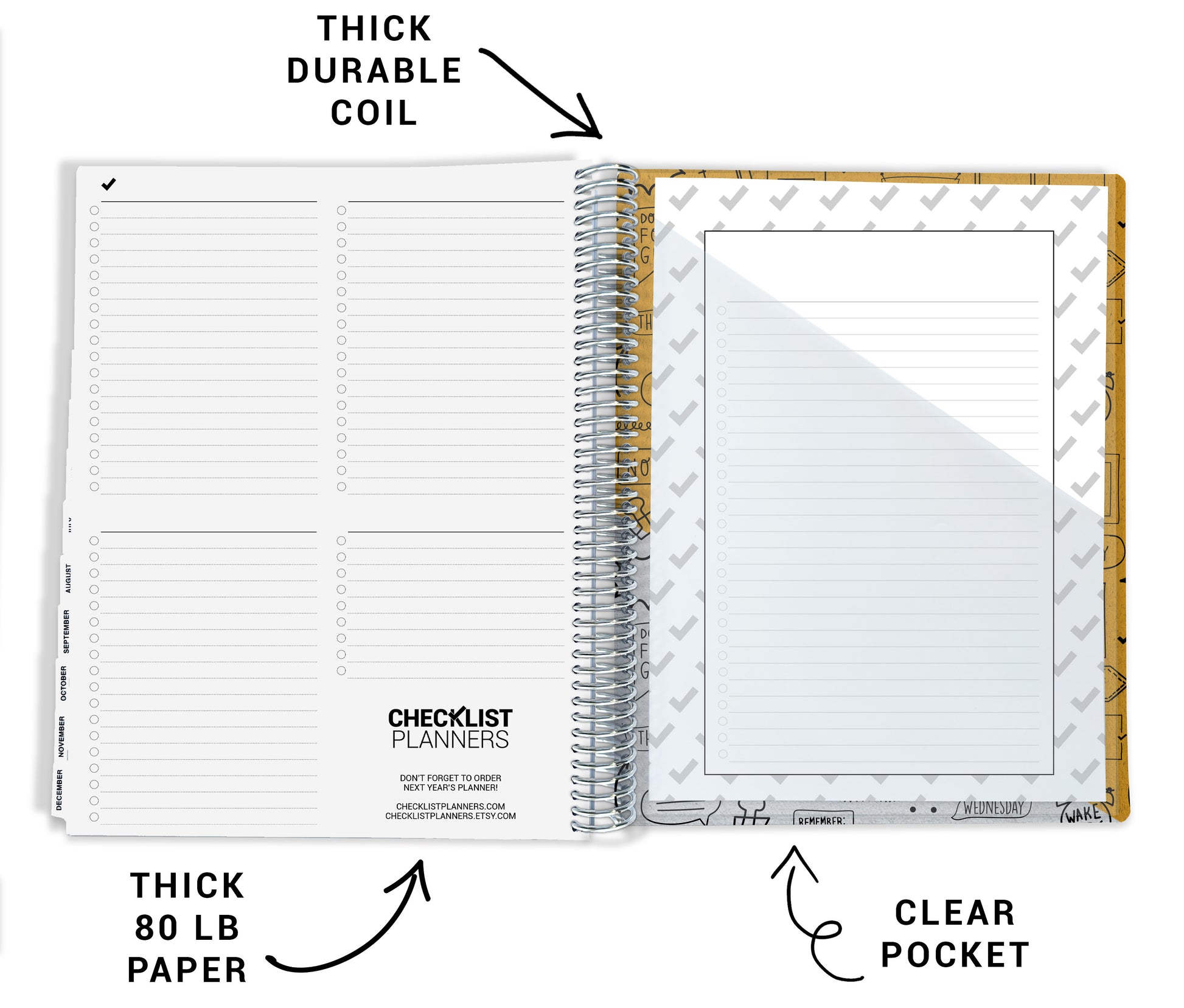 features of inside of back cover, thick durable coil, thick 80 lb paper, and clear pocket