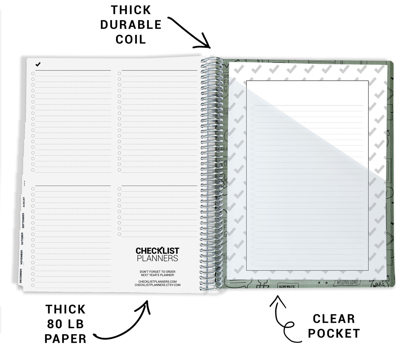 features of inside of back cover, thick durable coil, thick 80 lb paper, and clear pocket