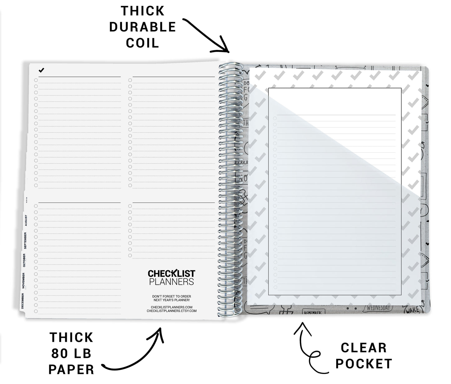 features of inside of back cover, thick durable coil, thick 80 lb paper, and clear pocket