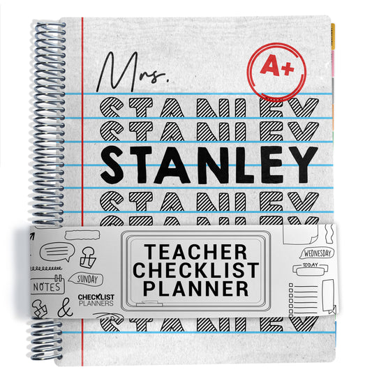 gray with repeating name and 'a+' circle planner Notebook with spiral binding and, on a white background