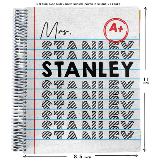 gray with repeating name and 'a+' circle planner Notebook with spiral binding and, and size dimensions labeled on a white background