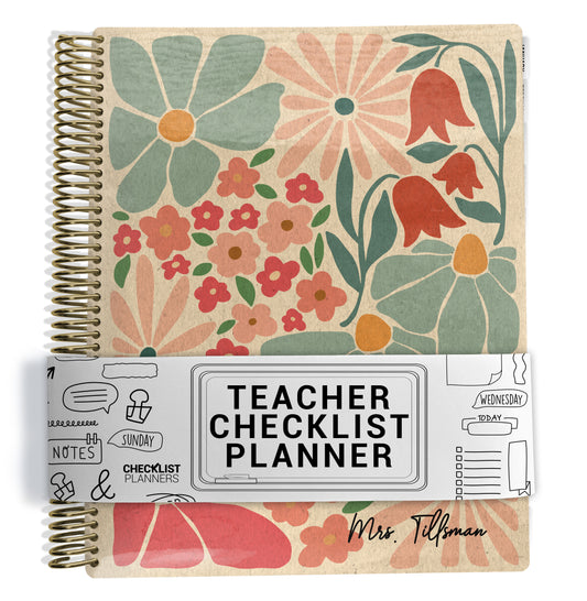 Teacher checklist planner with tan, pink, and blue floral design