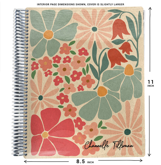 pink, blue and tan Floral color planner notebook with size dimensions on a white background