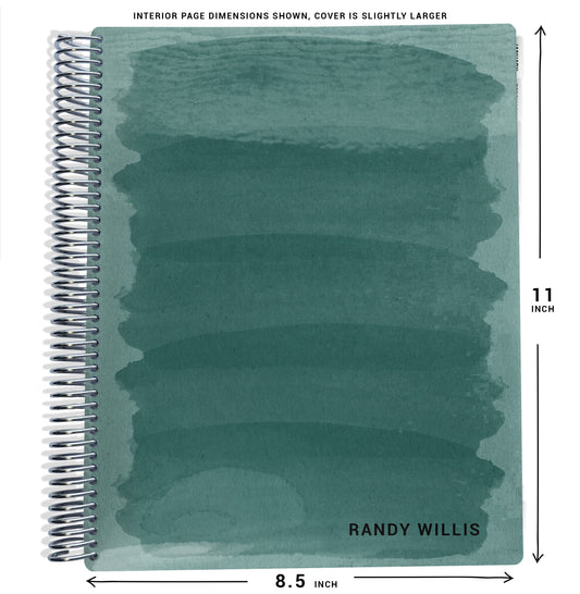 blue green watercolor pattern on planner Notebook with spiral binding and size dimensions labeled on a white background