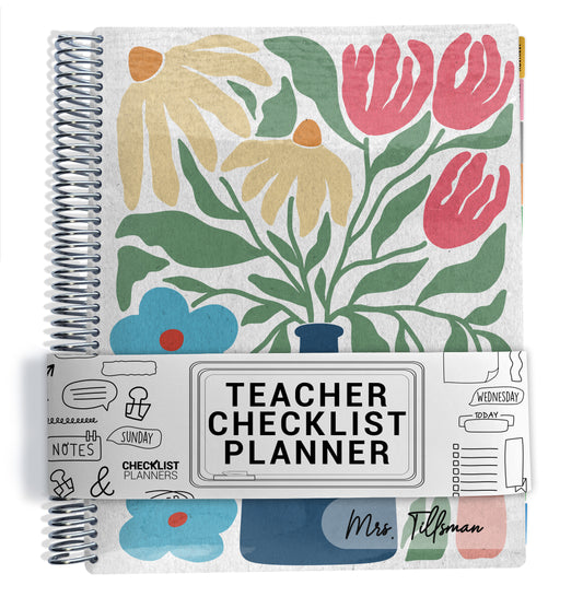 Teacher checklist planner with floral flowers in flower pot design on a white background