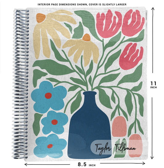 planner Notebook with floral plants in flower pot design and dimensions displayed