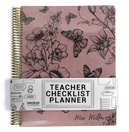 mauve pink and black butterflies and flowers pattern on planner Notebook with spiral binding