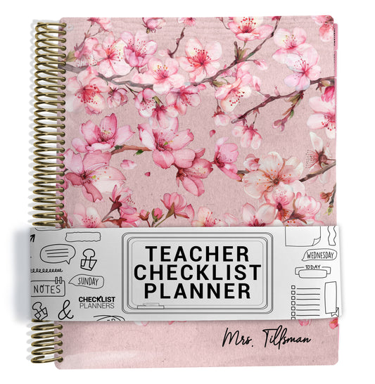 Teacher checklist planner with cherry blossom design on a pink background