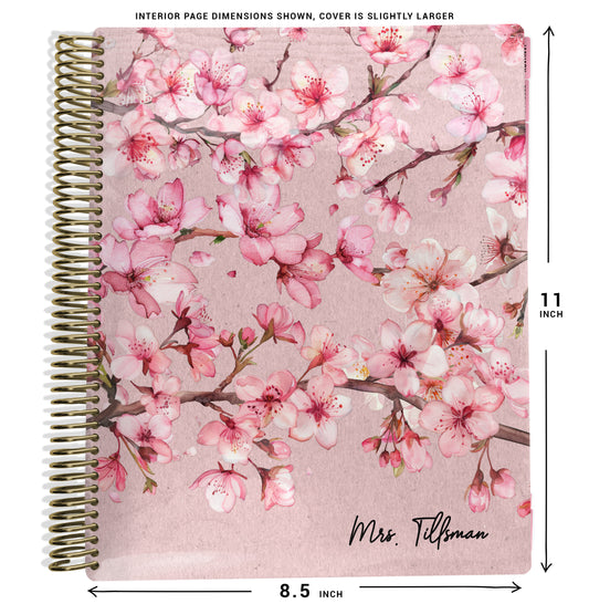 planner Notebook with cherry blossom design and size dimensions shown