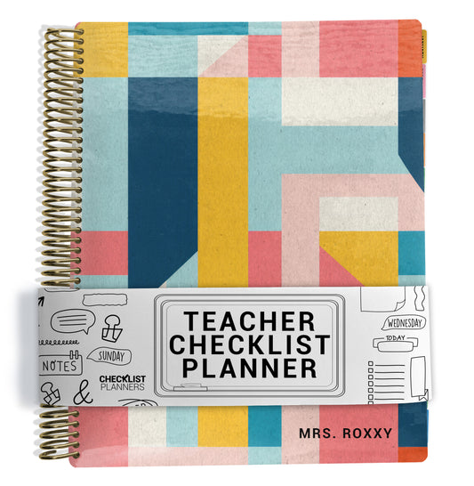 yellow, blue, pink color blocking pattern on planner Notebook with spiral binding