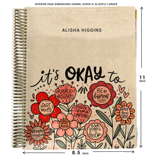 planner Notebook with red, pink, and green flowers and text with beige background and size dimensions labeled