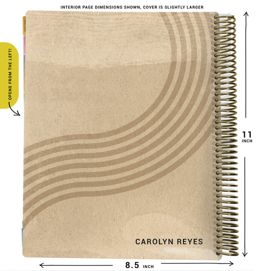 tan and brown wavy lines pattern on planner Notebook with spiral binding and size dimensions labeled on a white background