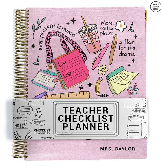 pink and colorful design with items teachers use daily like lanyard, to do list, ruler, scissors, pens, and coffee on planner Notebook with spiral binding on a white background