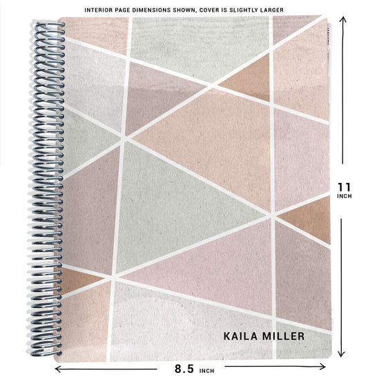 pink green and tan geometric pattern on planner Notebook with spiral binding and size dimensions labeled on a white background