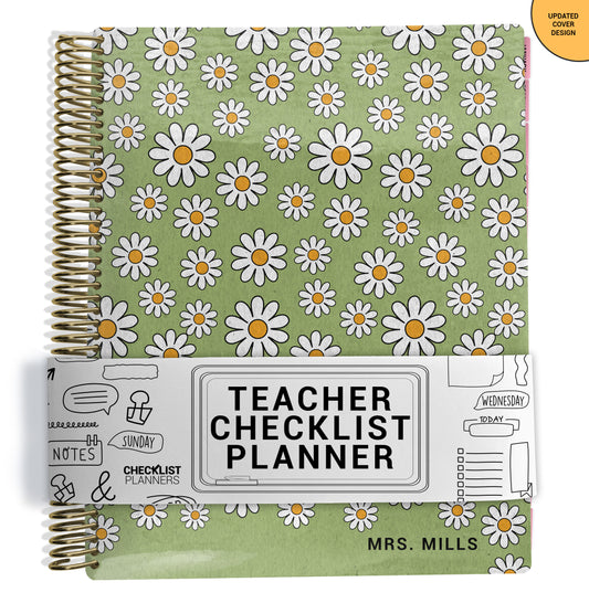 Teacher checklist planner with daisy pattern on a green background