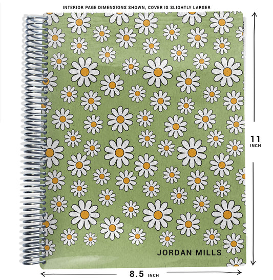 planner Notebook with daisy pattern on green background and dimensions labeled