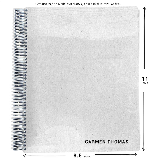 gray kraft pattern on planner Notebook with spiral binding and size dimensions labeled on a white background