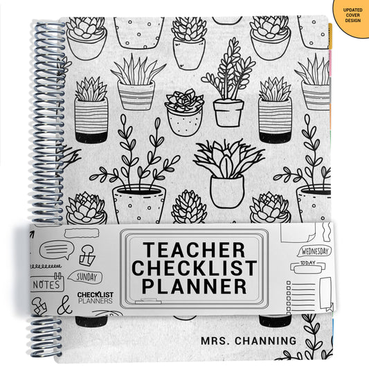 Teacher checklist planner with succulent plant pattern and gray background on cover