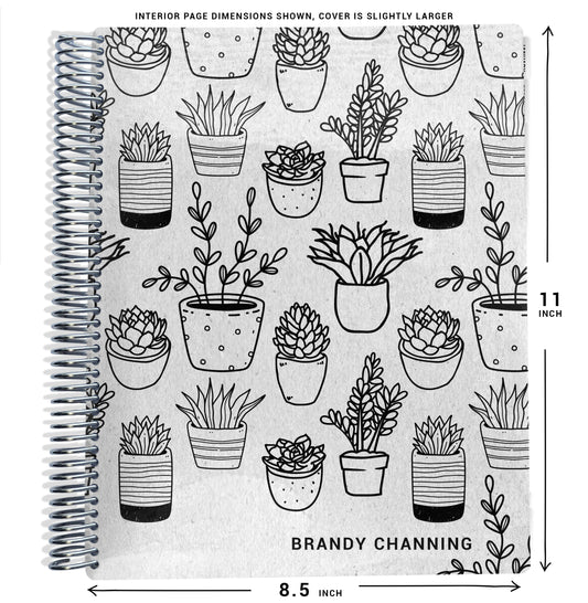 Notebook with succulent pattern on gray background, showing size dimensions.