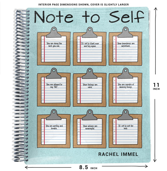 light blue background with text 'note to self' and mini clipboard illustrations on planner Notebook with spiral binding on a white background and size dimensions shown