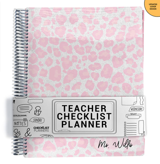 pink cheetah pattern on planner Notebook with spiral binding on a white background