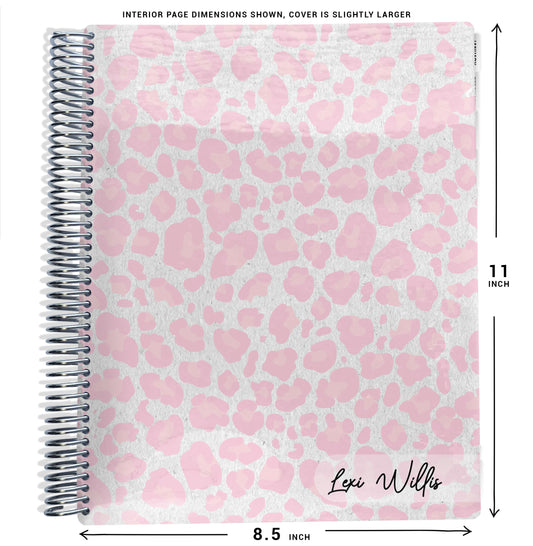 pink cheetah pattern planner Notebook with spiral binding and size dimensions labeled on a white background