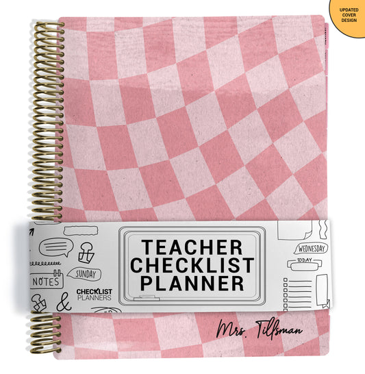 pink wavy checker patterned planner Notebook with spiral binding on a white background
