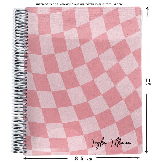pink wavy checker patterned planner Notebook with spiral binding and size dimensions labeled on a white background
