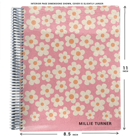pink with flowers planner Notebook with spiral binding and, and size dimensions labeled on a white background