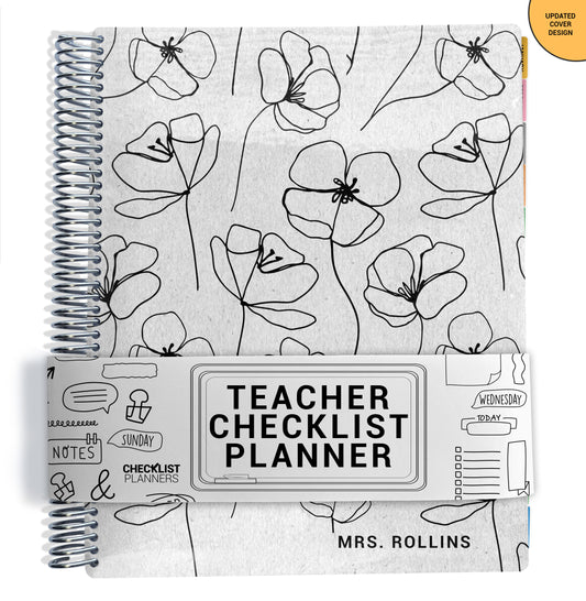 Teacher checklist planner with floral design and gray background on cover