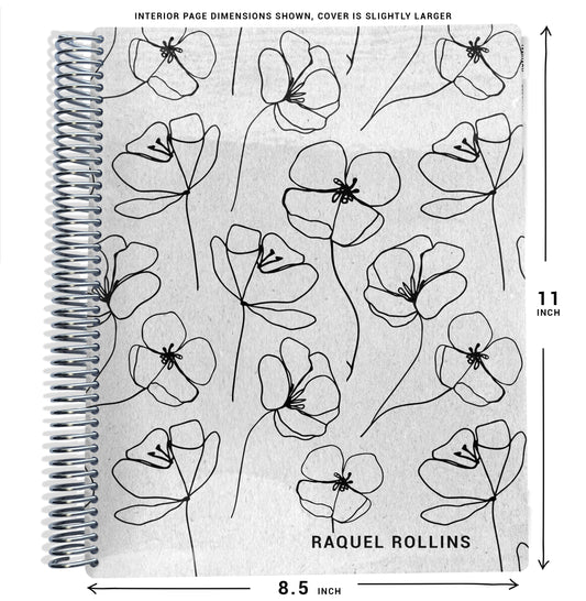 notebook planner with floral design and dimensions labeled